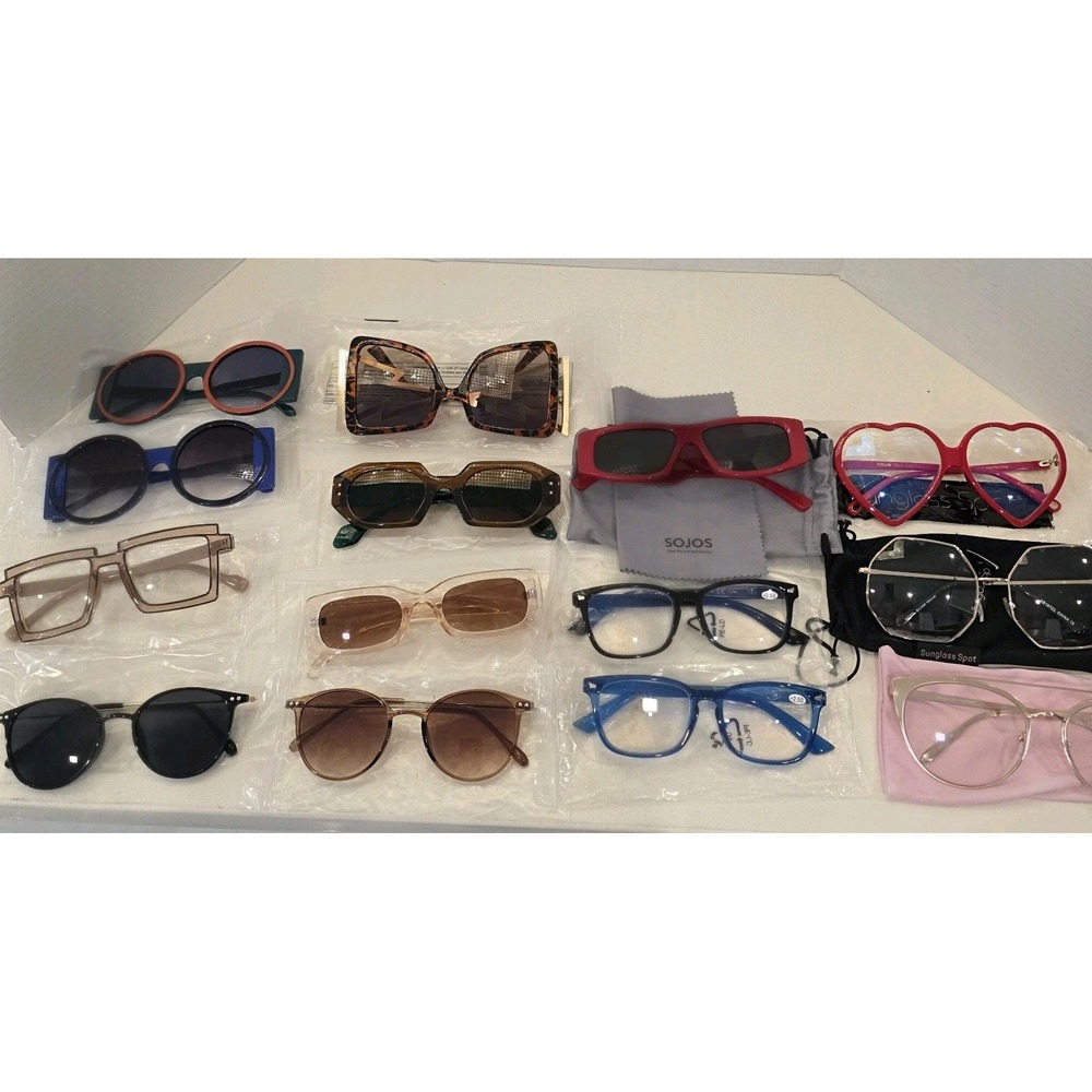 Bundle Of 14 SunGlasses & Eye Glasses. Red Sojos,2 Reading Glasses +2.5, 3 Spot